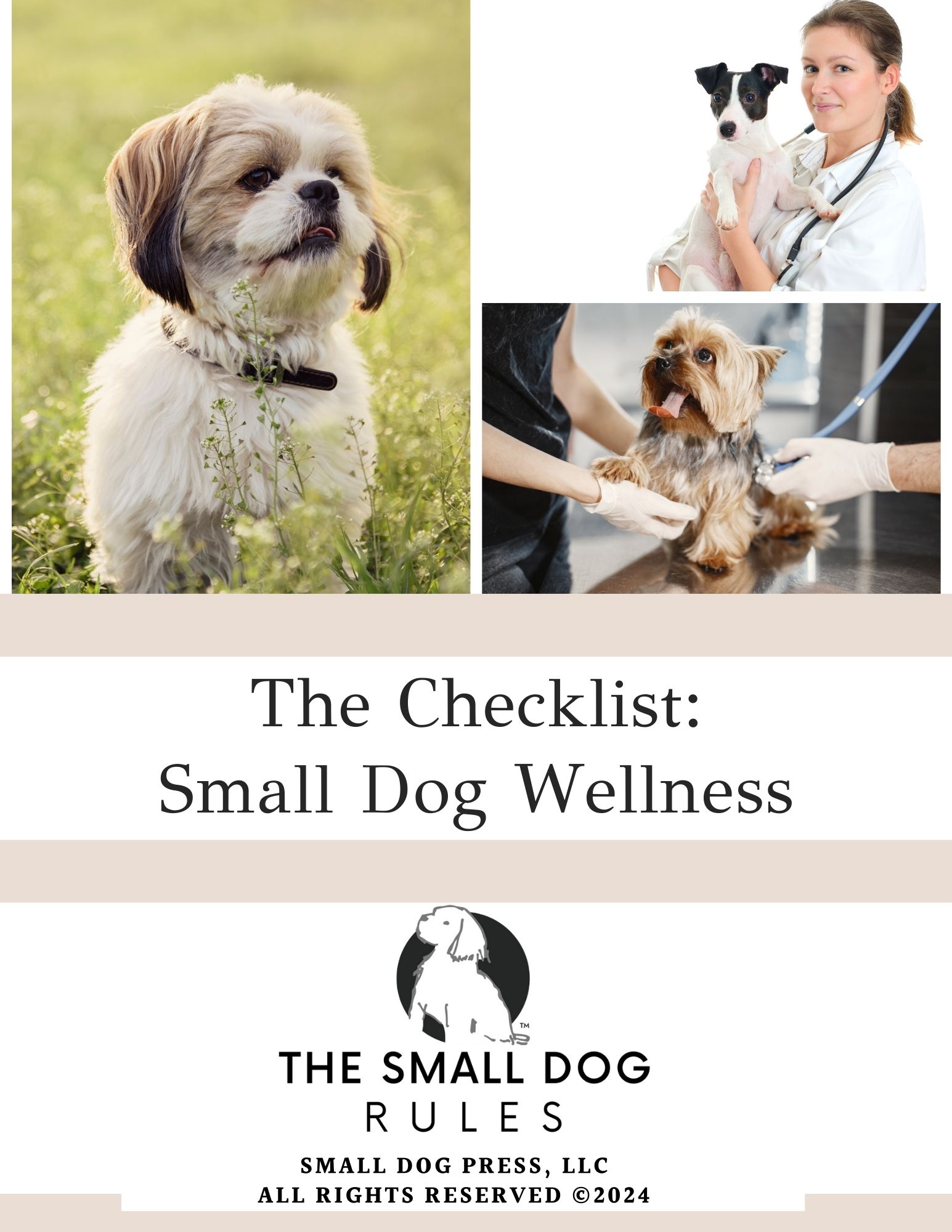 Cover page of Wellness Checklist - three pictures of small dogs, one of which is in arms of smiling veterinarian