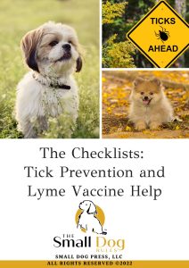 Cover Photo to Tick Prevention Checklist with gold tones and picture of small dogs and "caution" ticks sign