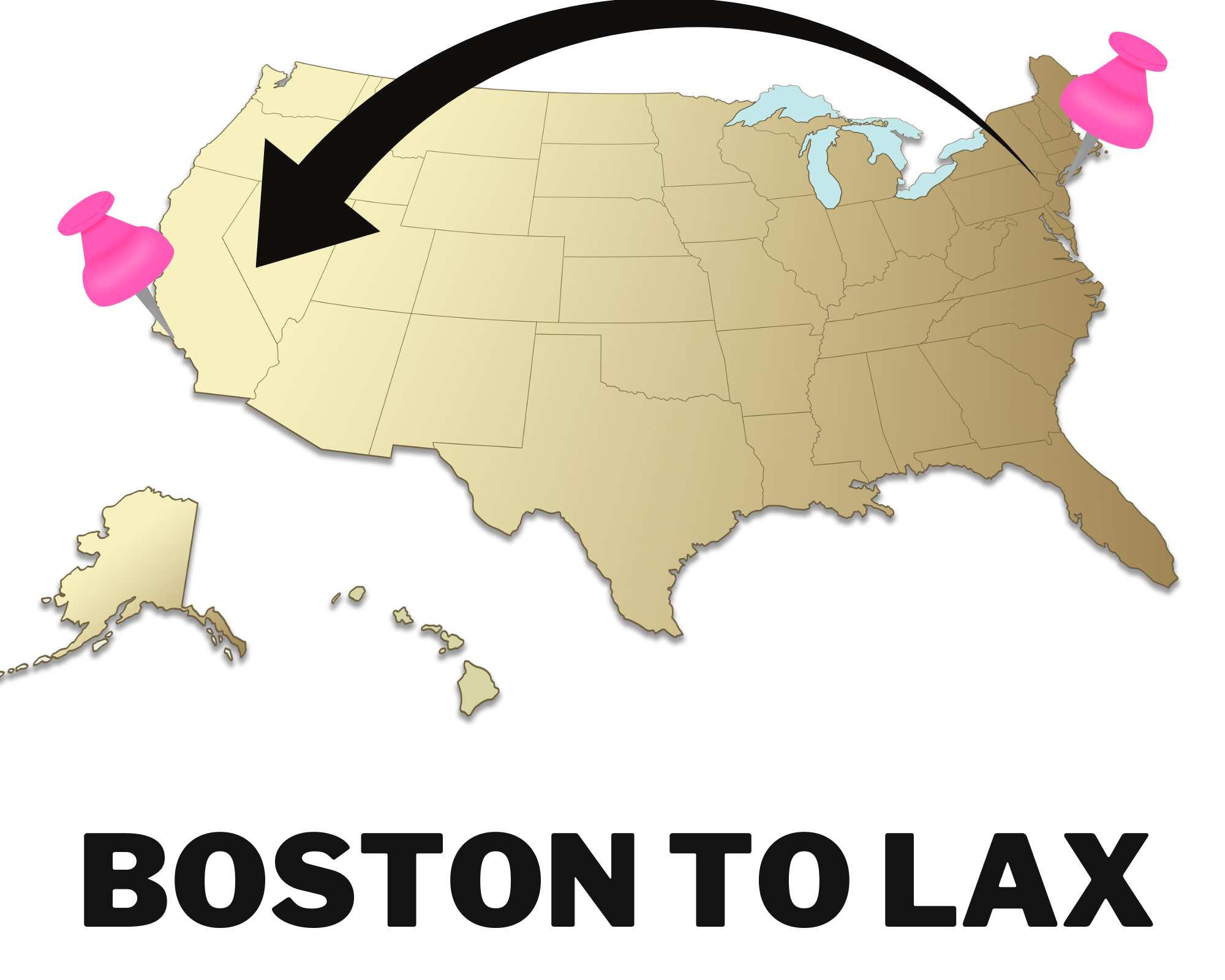 Graphic of gold United States map with pink pushpins in Boston and LA with black arrow showing flight path