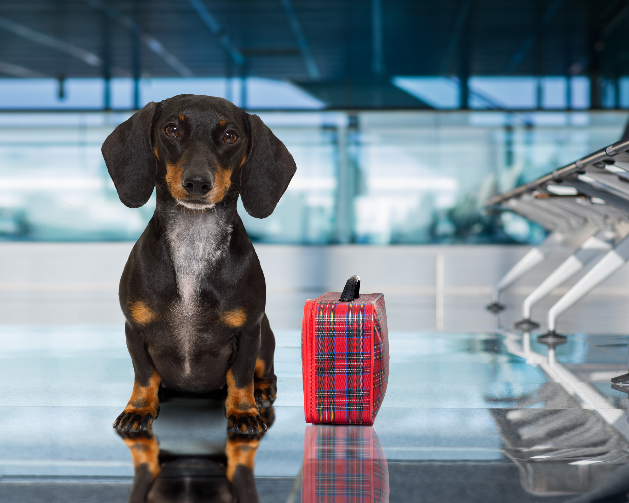 Dachshund sitting next to small red luggage in airport