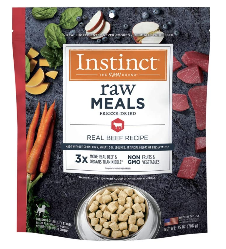 Closeup of bag of Instinct Dog Food