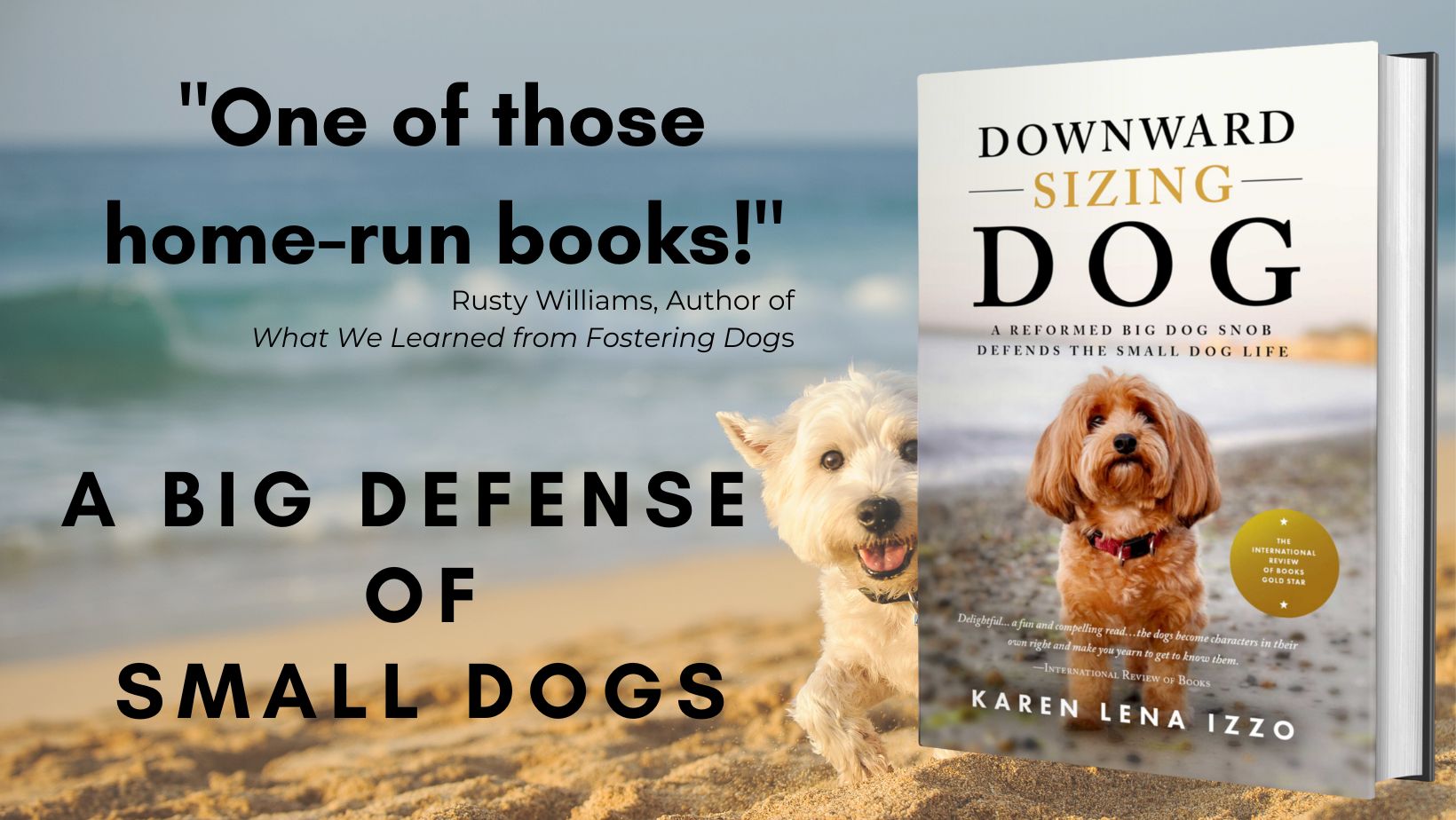 3D book cover on beach with westie dog peeking out and overlay text with reviews