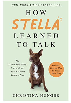 Book cover jacket for How Stella Learned to Talk. Mint green with picture of Stella on front. She is medium size with short, dark hair and a white patch on her chest.