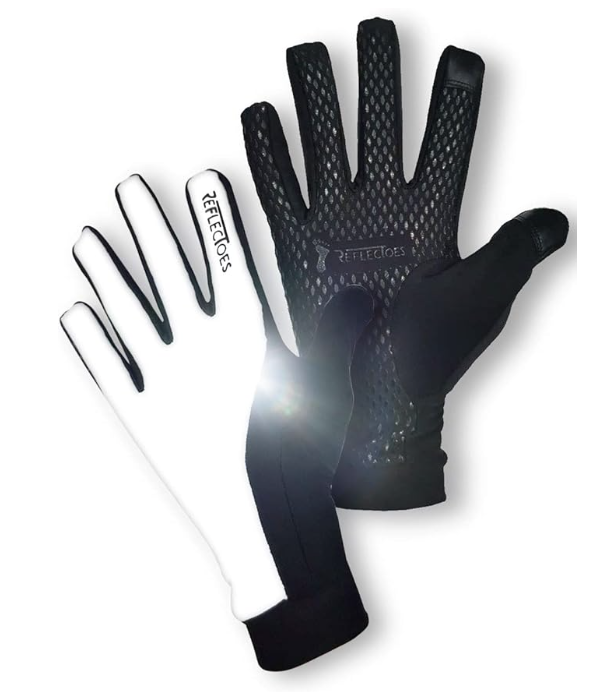 Product photo of front and back of reflective, cold weather running gloves