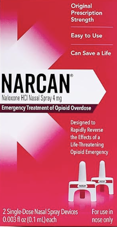 Red box with picture of product and words Narcan in black