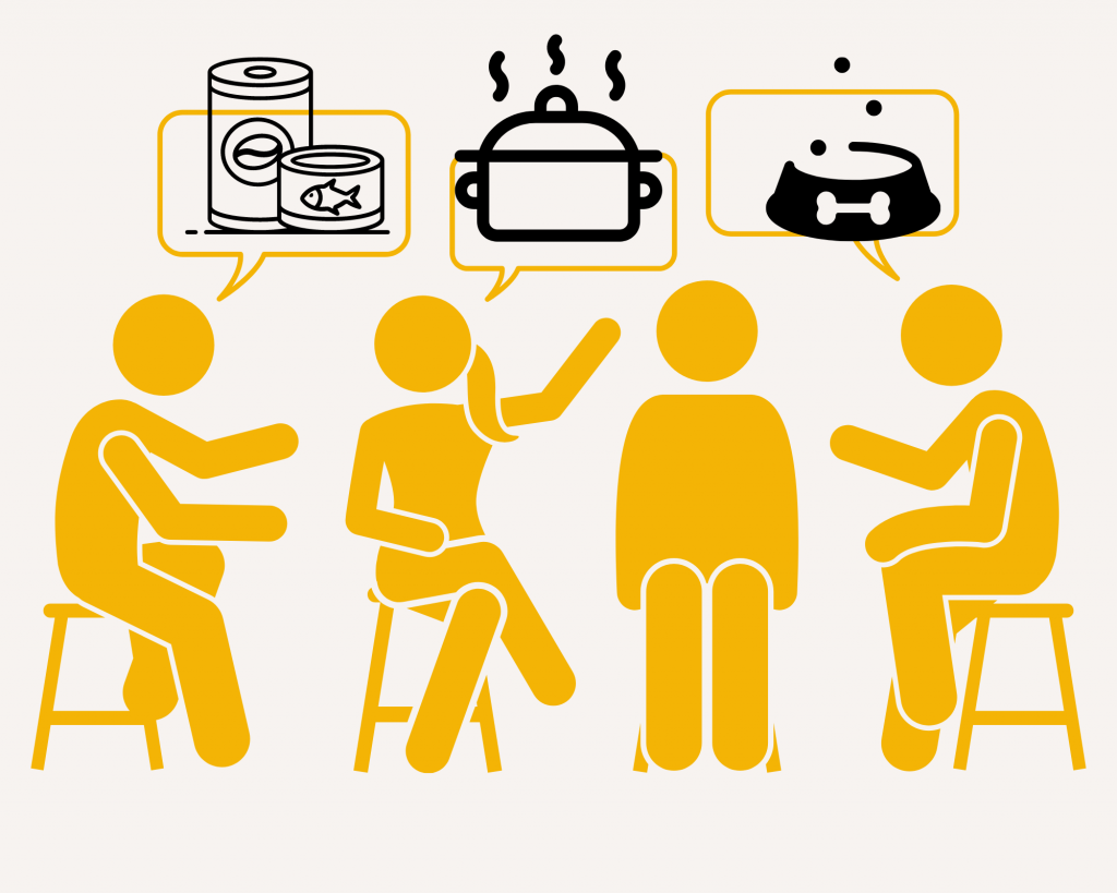 three graphic stick figures arguing with one stick figure in middle looking with arms down. Arguing figures have different types of food in their speaking bubbles. 