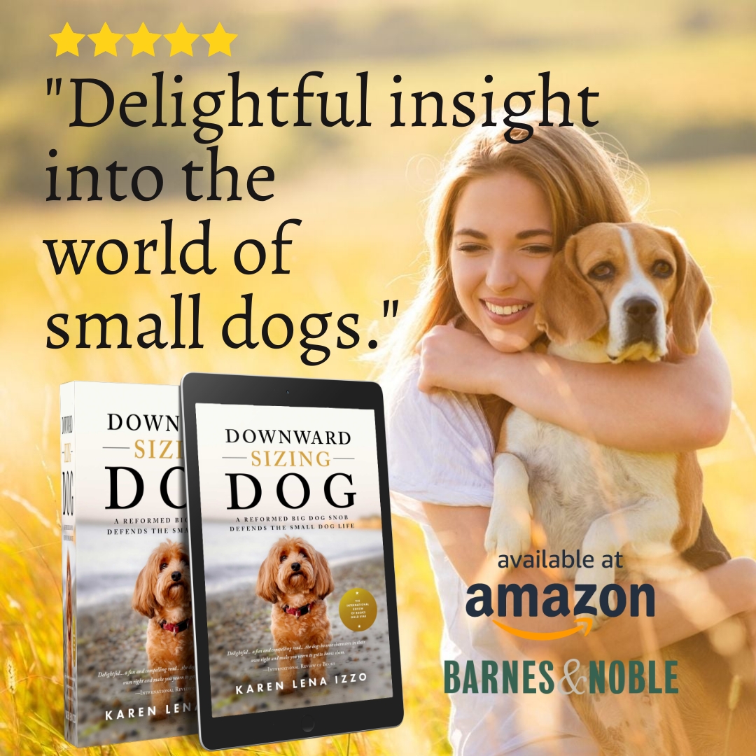happy woman hugging beagle with picture of book Downward Sizing Dog in foreground
