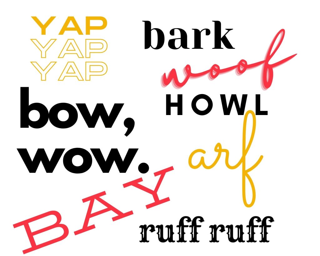 white background with bark, woof, howl, bow wow and other synonyms for a bark written in varied font and colors