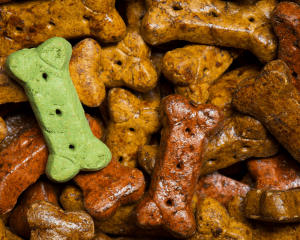 Green dog bone cookie on background of brown dog bone cookies