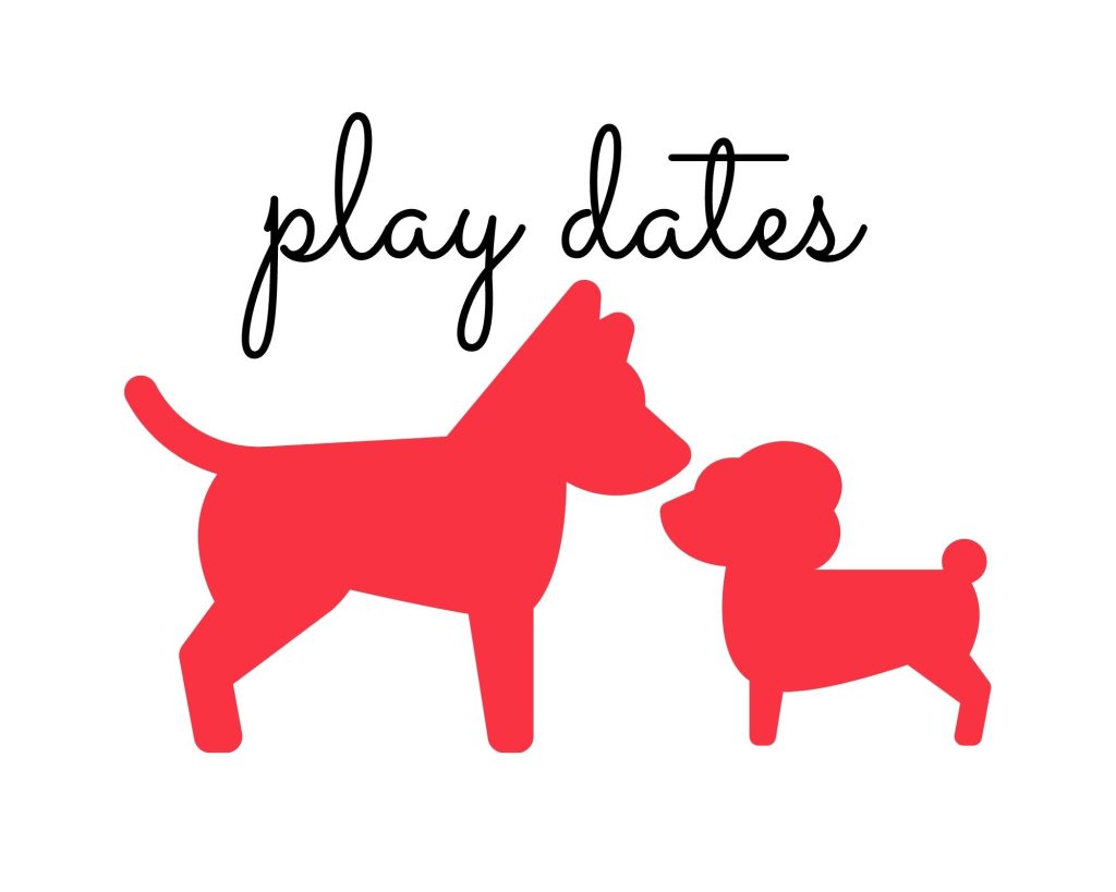 Red graphic of small dog and larger dog nose to nose with tails up. Text above says 