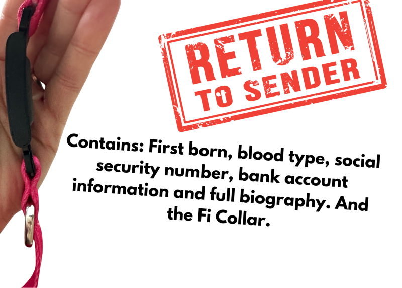 Humorous graphic of return to sender with list of items, including first born and blood type