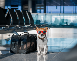 Brown and white terrier with red sunglasses and carry-on bag in airport